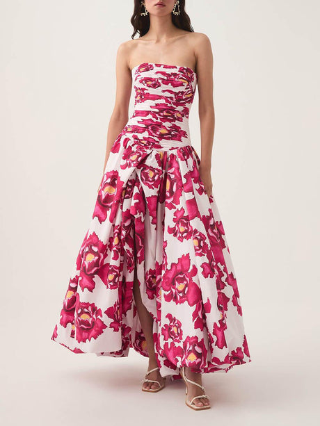 Aurohaya Elegance Perfect Moment Floral Off Shoulder Ruched Bodice Drape Bubble Hem Maxi Dress Red