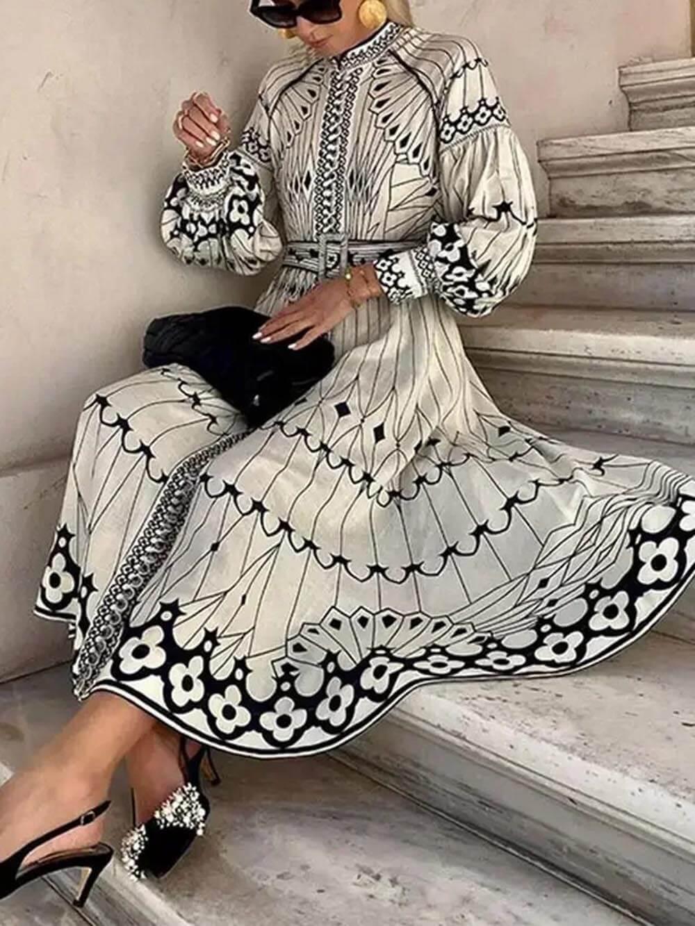 Aurohaya Vintage Casual Lantern Sleeve Floral Print Midi Dress