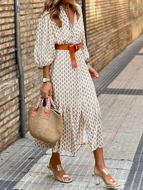 Aurohaya Unique Pattern Print V-Neck Simple Belt Midi Dress Khaki