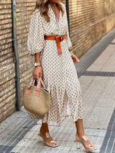 Unique Pattern Print V-Neck Simple Belt Midi Dress