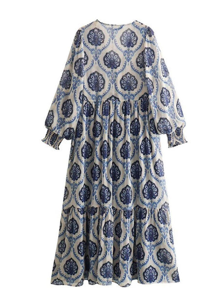 Aurohaya Classic And Unique Baroque Sheer Overlay Balloon Sleeve Maxi Dress