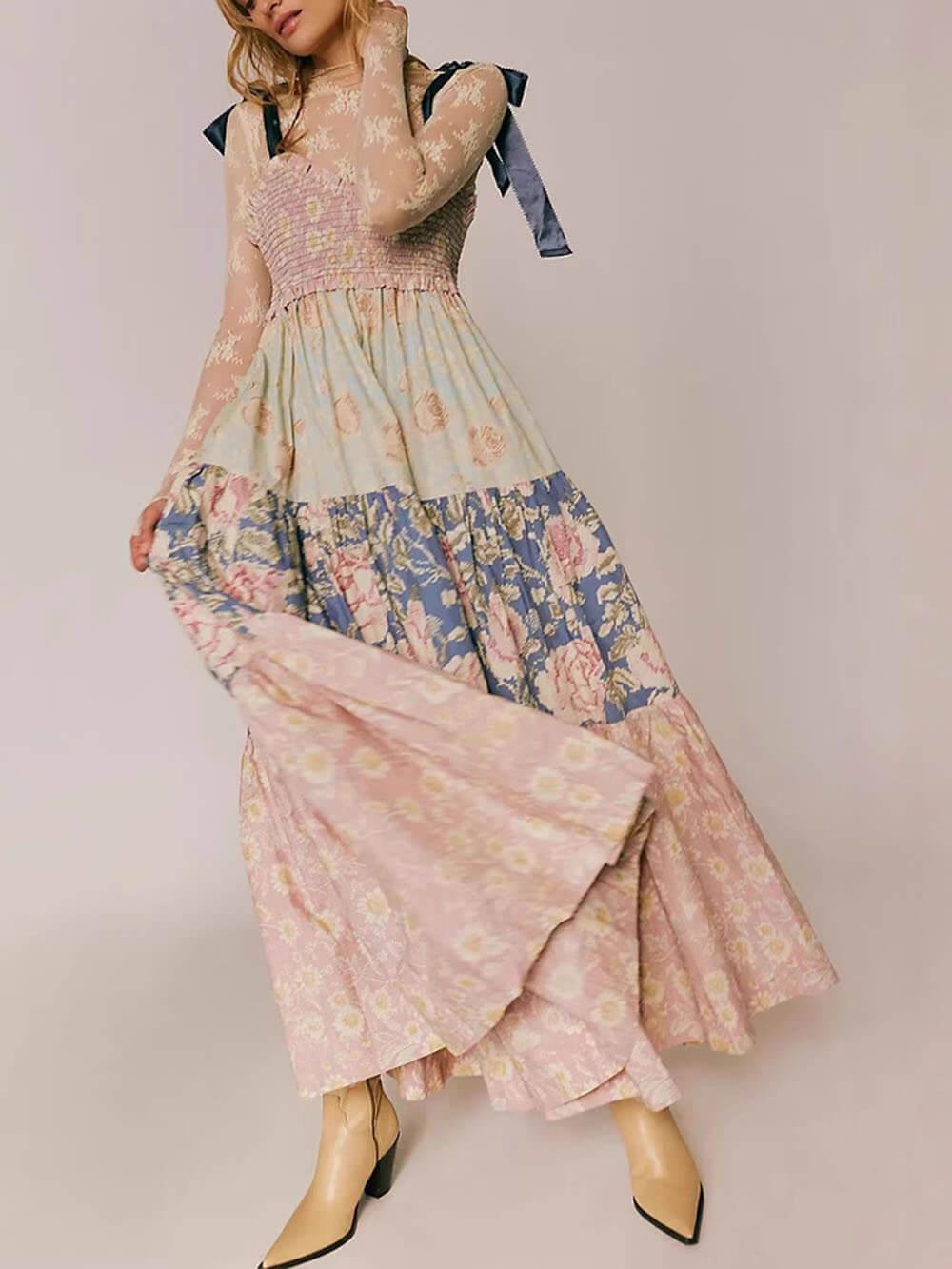 Aurohaya Classic French Fashion Floral Print Slip Dress Pink