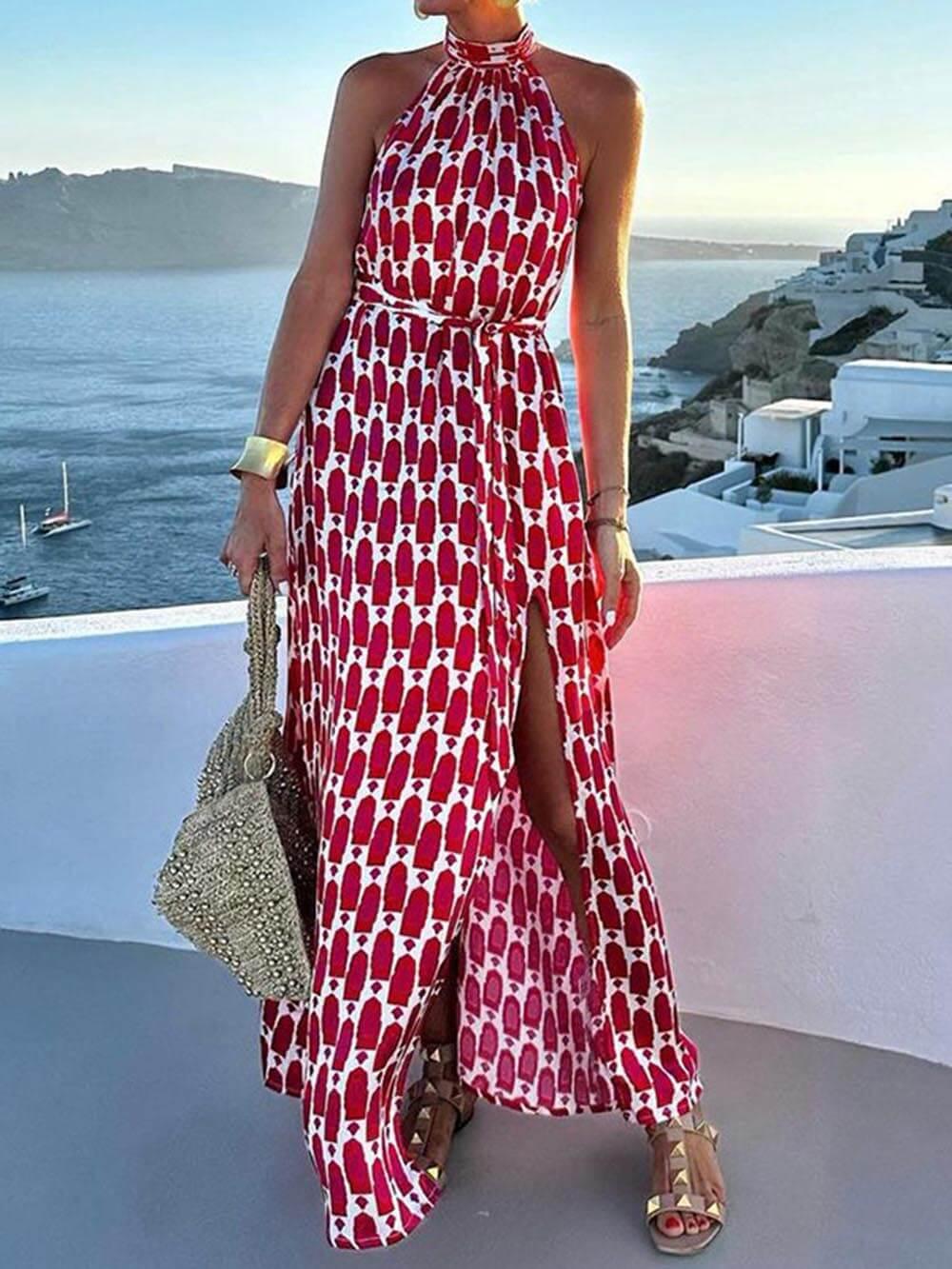 Aurohaya Sexy And Fashionable Printed Halter Neck Beach Slit Midi Dress Red