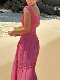 Vintage French Check Print Suspenders Drawstring Pleated Ruffle Maxi Dress