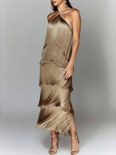 Aurohaya Fashionable Halter Neck Tassel Backless Slit Party Dress Camel