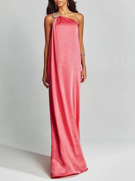 Aurohaya Exquisite Charming Glance Satin Metal Hardware One Shoulder Loose Maxi Dress