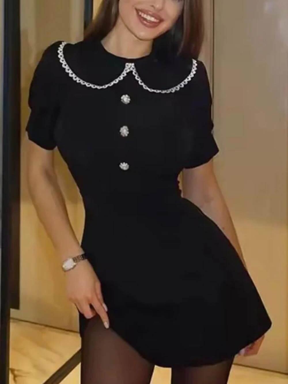 Aurohaya Sweet Lace Trim With A-Line Mini Dress Black