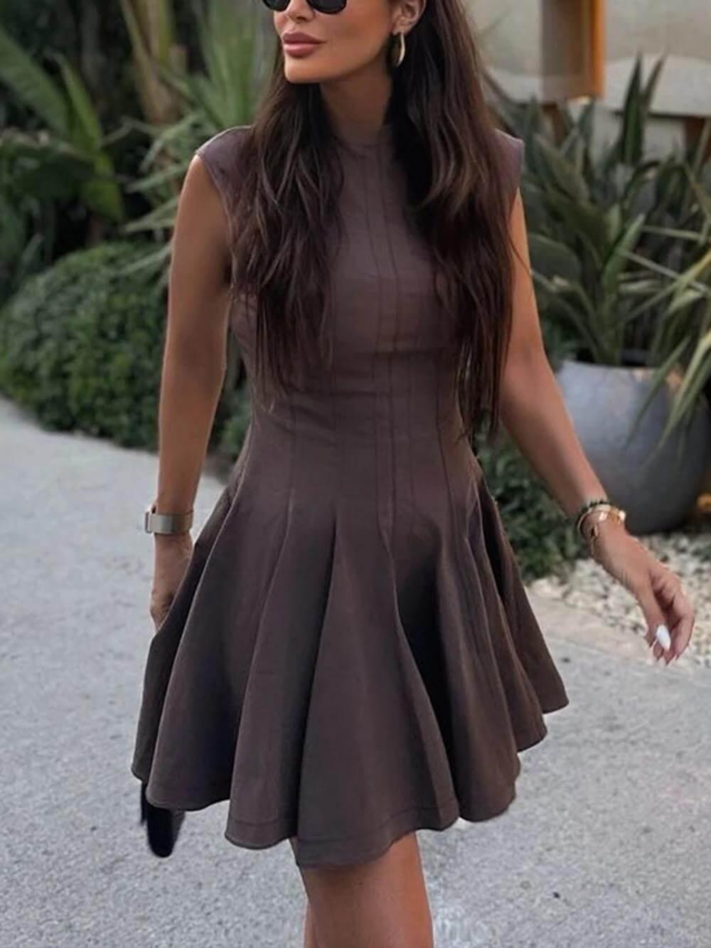 Aurohaya Elegant Sleeveless Fitted Evening Pleated Mini Dress Brown