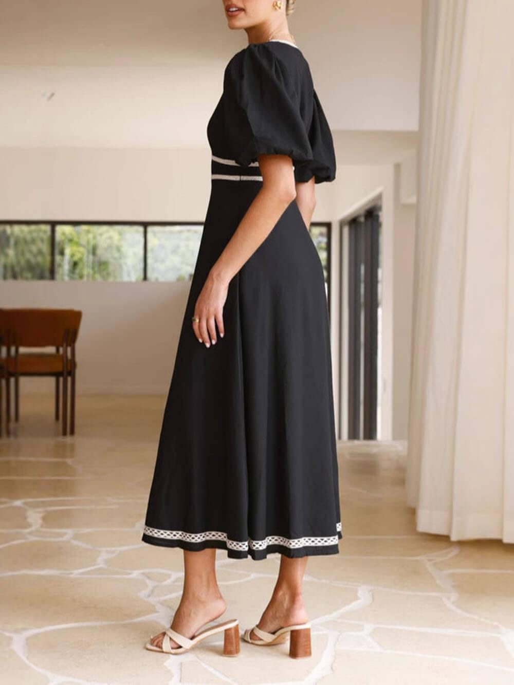 Aurohaya Elegant Patchwork Lace Puff Sleeve Waisted Maxi Dress