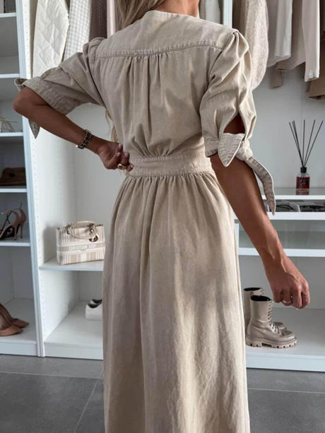 Aurohaya Unique Pleats Solid Color V-Neck Button-Down Denim Midi Dress