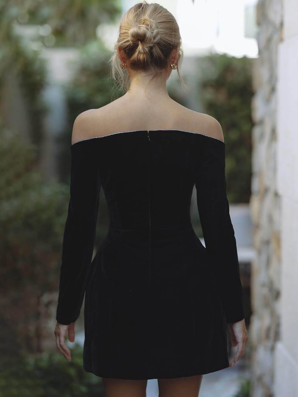 Aurohaya Exquisite Glitter Trim Off Shoulder Long Sleeve Pocketed Mini Dress