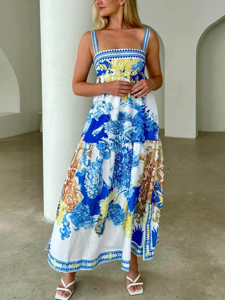 Aurohaya Fashionable European Style Holiday Style Fixed Print Suspender Dress