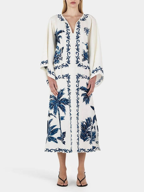 Aurohaya Vintage Hawaiian Print Sequined Oversized Loose Midi Dress Blue