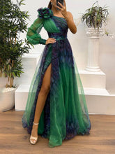 Aurohaya Exquisite Casual Off-Shoulder Mesh Print Maxi Dress Dark Green