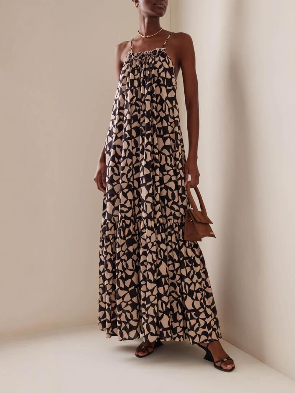 Aurohaya Fashionable Design Printed Backless Holiday Style Suspender Maxi Dress Black