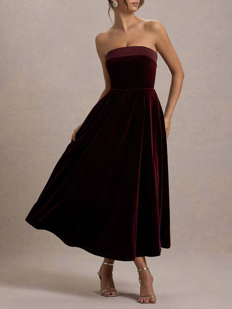 Aurohaya Elegant Center of Attention Velvet Satin Neck Bandeau Pleated Midi Dress Wine Red