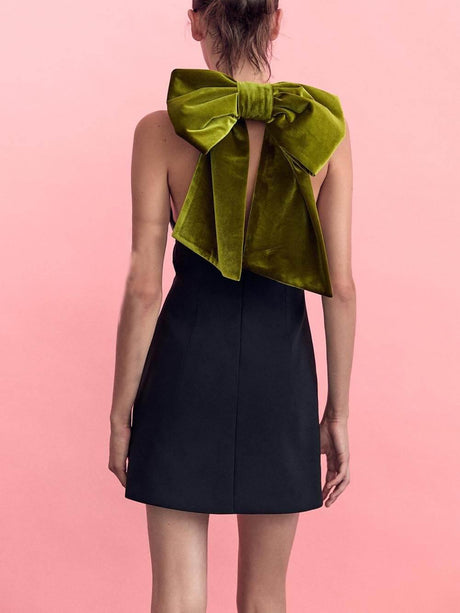 Aurohaya Elegant Sweet Party Contrast Back Velvet Bow Mini Dress Black