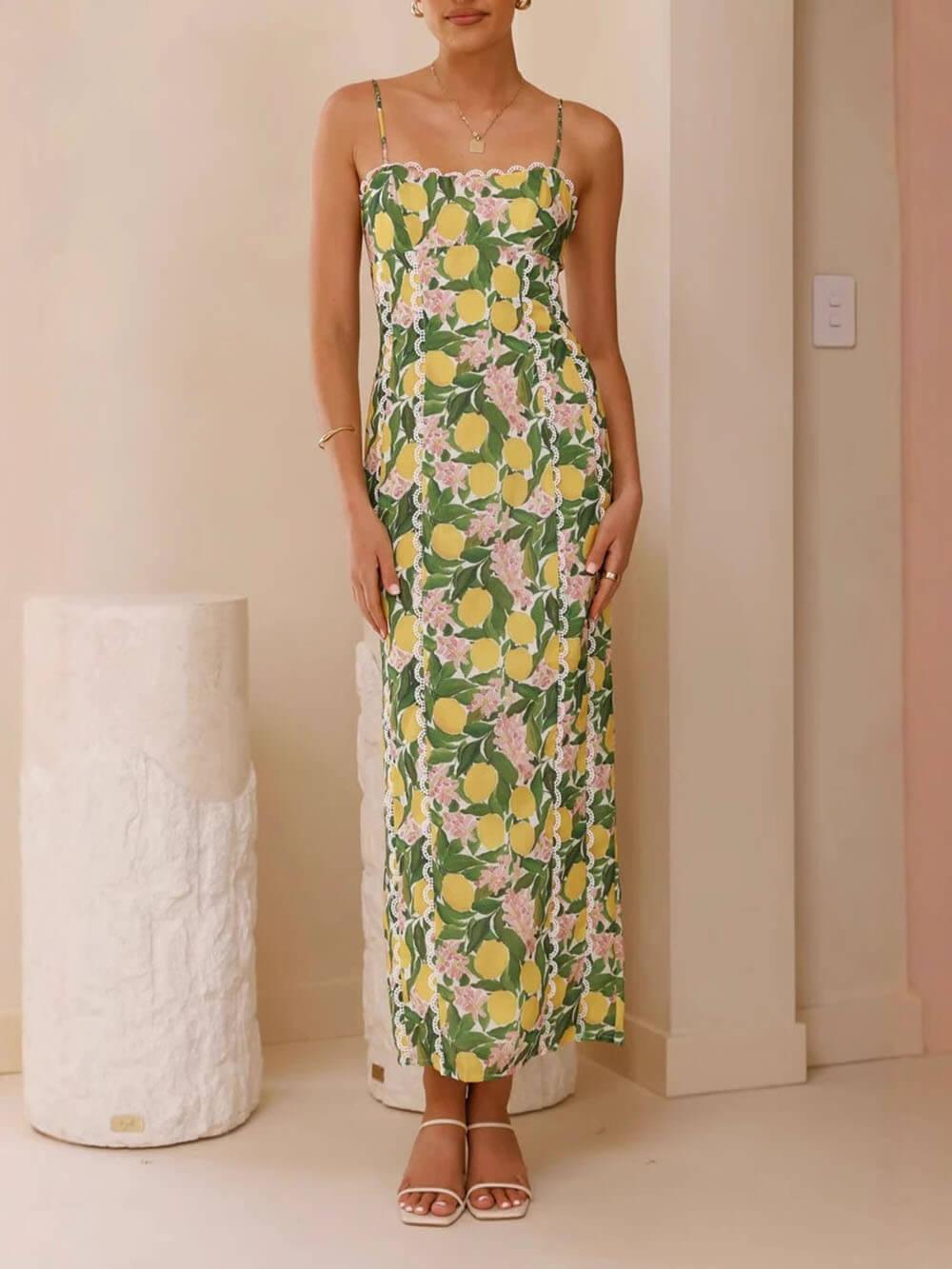 Aurohaya Sexy Linen Suspender Lace Slit Maxi Dress
