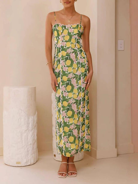 Aurohaya Sexy Linen Suspender Lace Slit Maxi Dress