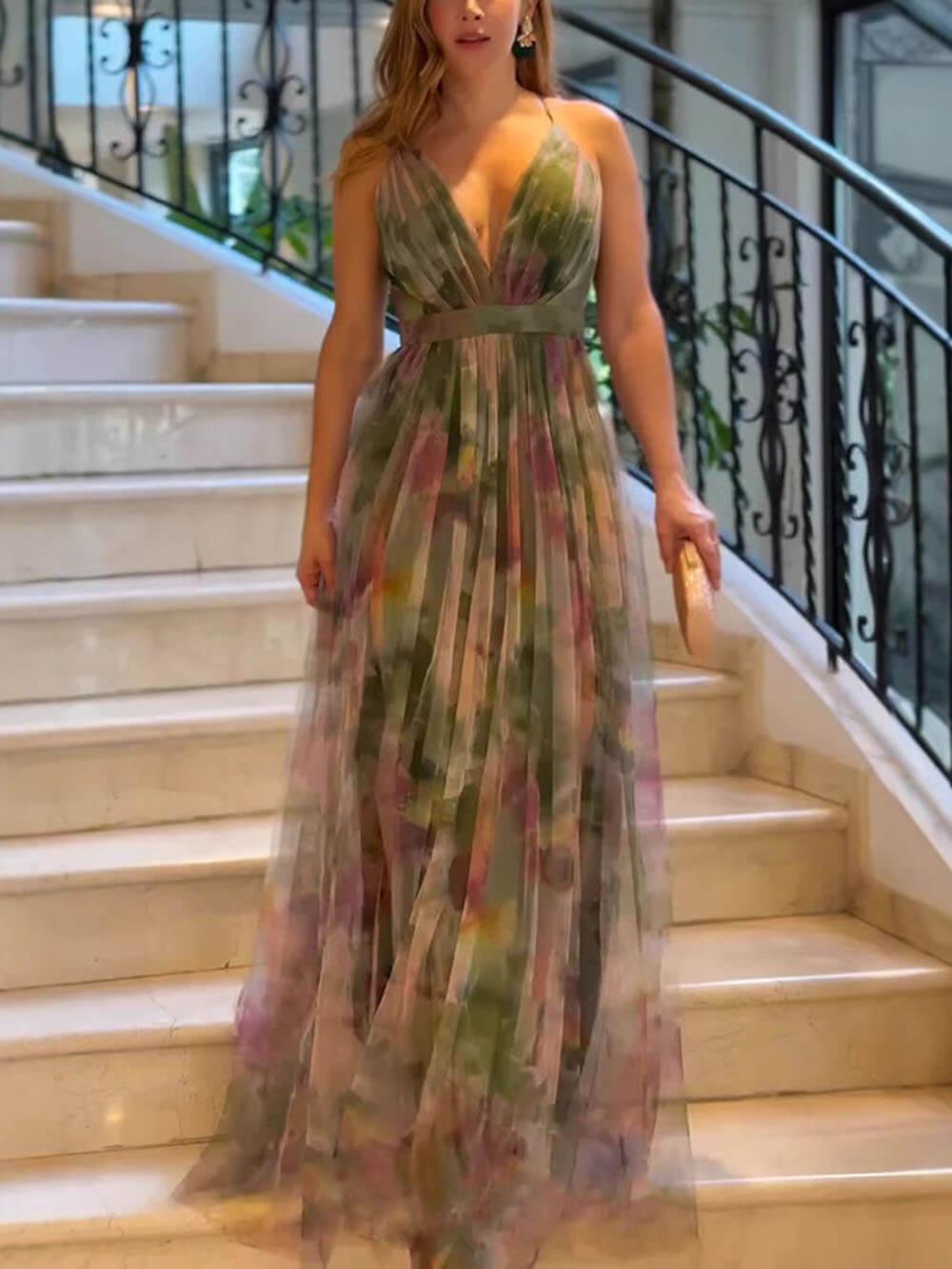 Aurohaya Elegant Casual Mesh Print Suspender Wide Swing Maxi Dress Military Green