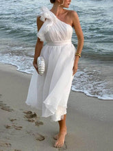 Aurohaya Unique Romantic Seaside One Shoulder Frill Detail Sleeve Layered Midi Dress White