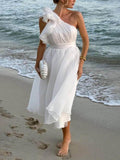 Aurohaya Unique Romantic Seaside One Shoulder Frill Detail Sleeve Layered Midi Dress White