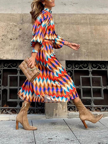 Aurohaya Fashionable And Unique Rainbow Print Stand Collar Long Sleeve Midi Dress