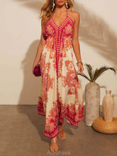 Aurohaya Elegant Off-Shoulder V-Neck Suspender Print Swing Dress Red