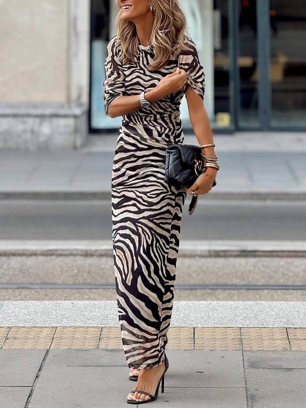 Aurohaya Unique Zebra Print Stretch Slim Maxi Dress Black