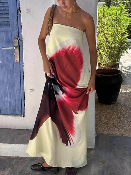Aurohaya Elegant Floral Print Sexy Strapless Backless Maxi Dress