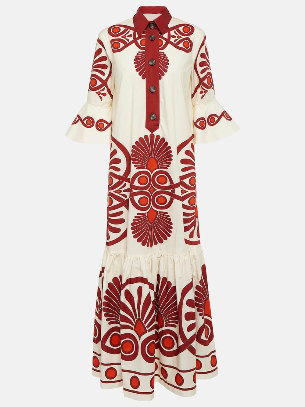 Aurohaya Classic Unique Ethnic Print Button Decoration Loose Maxi Dress