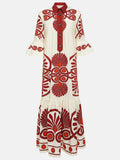 Classic Unique Ethnic Print Button Decoration Loose Maxi Dress