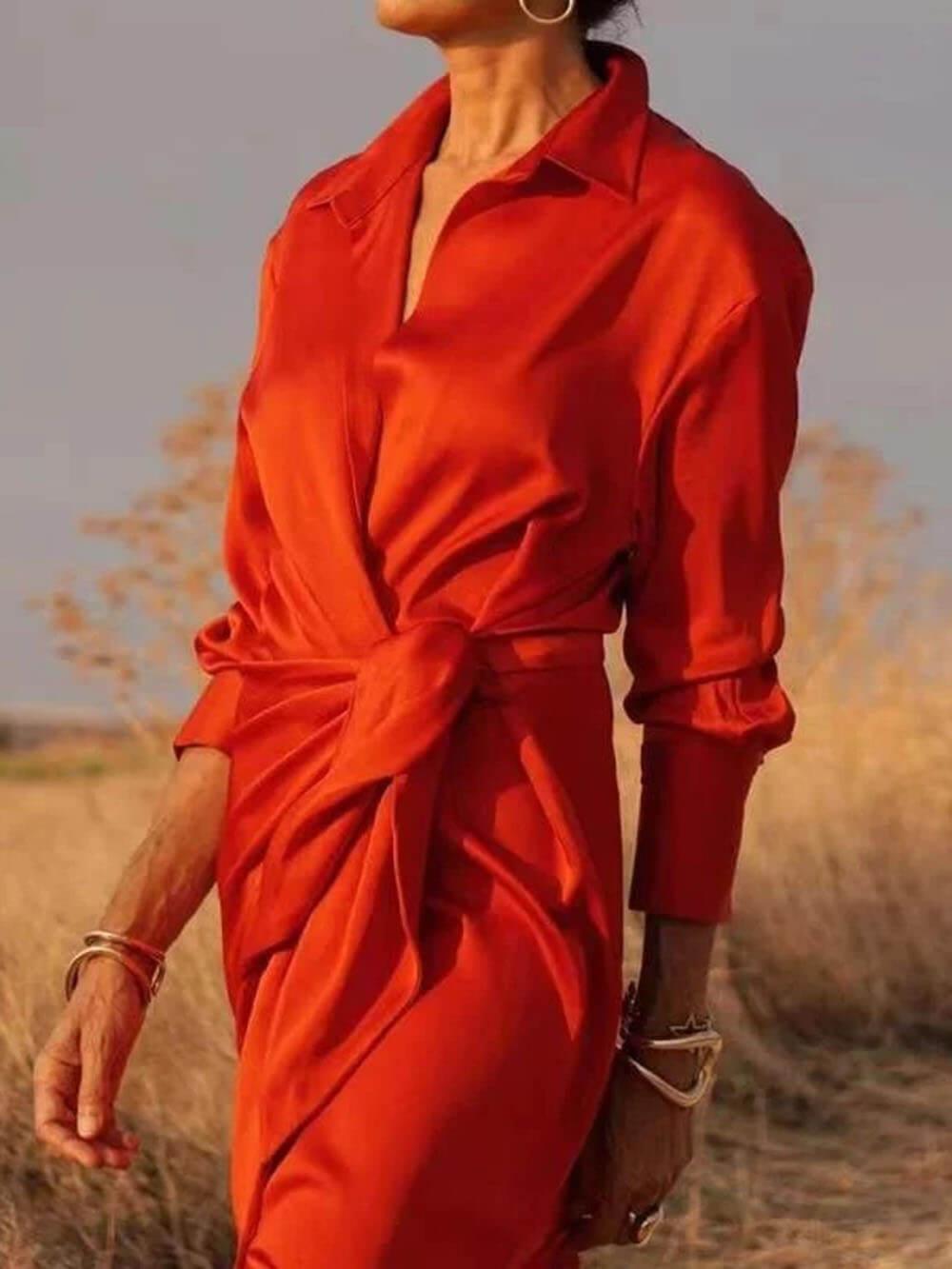 Aurohaya Modern Satin Wrap Shirt-Style Tie-Slit Maxi Dress