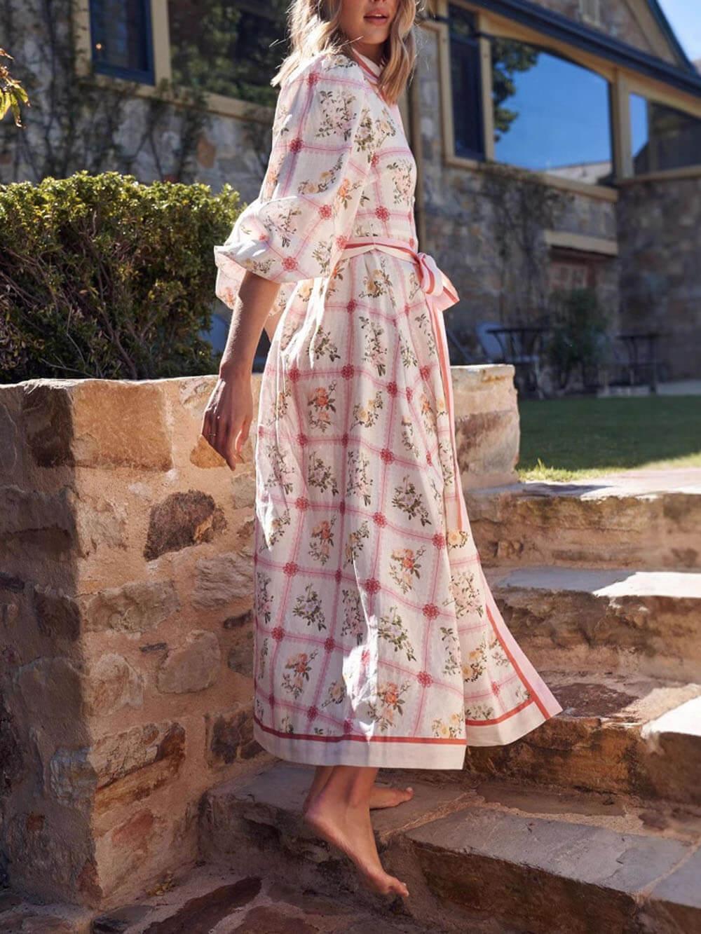 Aurohaya Classic Casual Unique Floral Print Tie Cardigan Dress