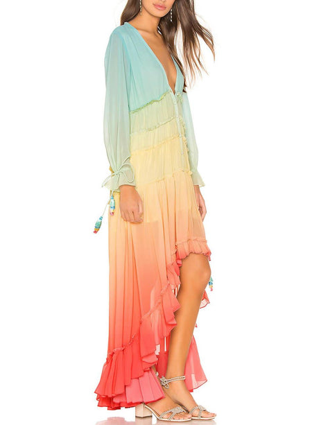 Aurohaya Unique Gradient Print Bohemian Rainbow Tiered Maxi Dress