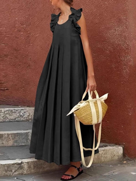 Aurohaya Fashionable And Casual Ruffled Decorative Pleated All-Match Holiday Maxi Dress Black