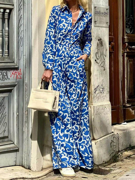 Aurohaya Fashion Print Lapel Waist Midi Dress