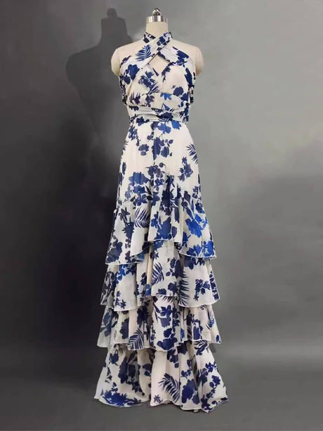 Aurohaya Unique Bohemian Holiday Style Strappy Lolita Swing Print Dress