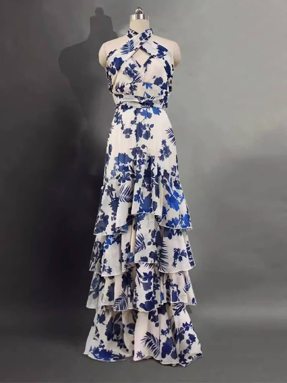 Aurohaya Unique Bohemian Holiday Style Strappy Lolita Swing Print Dress