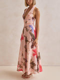 Retro Terez Linen Floral Print Halter Backless Tie-Up Maxi Dress