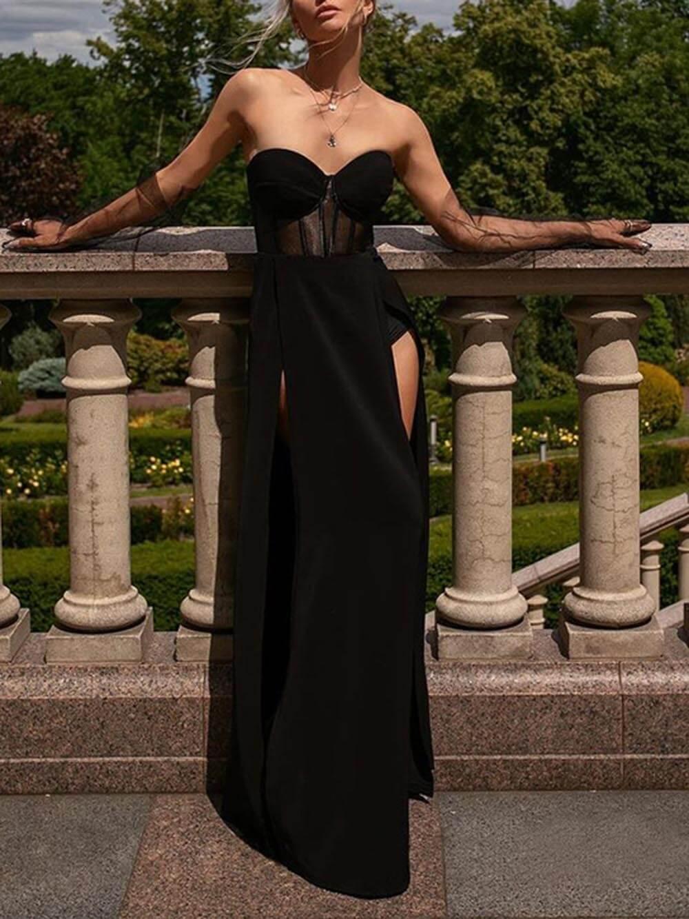 Aurohaya Sexy Tube Top Waist Slit Maxi Dress