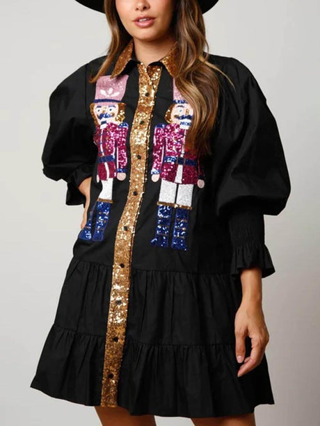 Aurohaya Christmas Lapel Contrast Long Sleeve Sequined Mini Dress Black