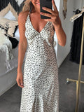 Classic Satin Polka Dot Print Open Back Ties Maxi Dress