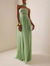 Elegant Sleeveless Pleated Long Skirt With Ribbon Strapless Dress