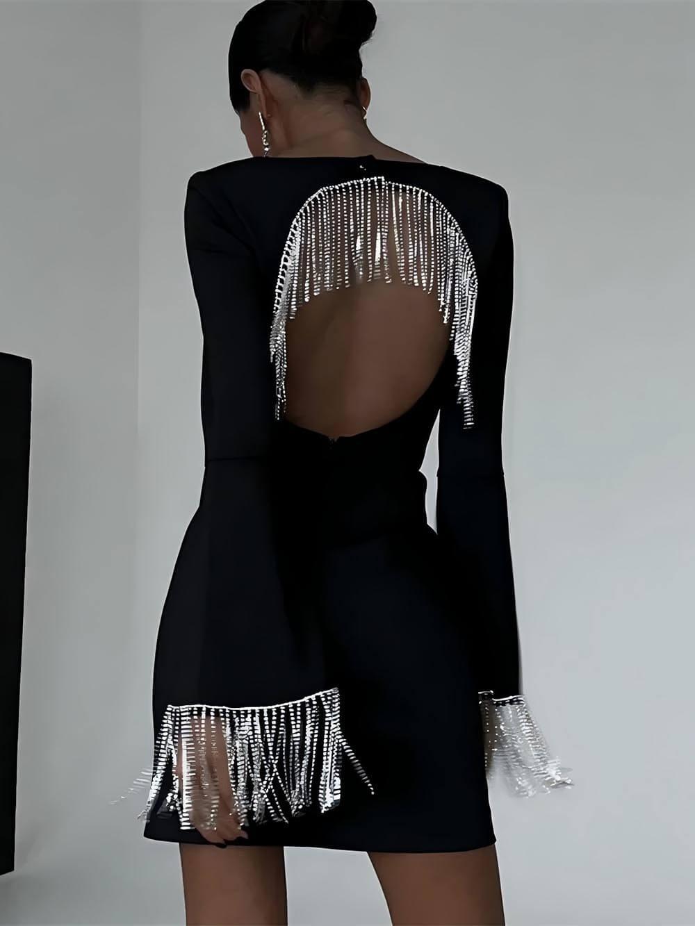 Aurohaya Party Time Imitation Diamond Chain Backless Mini Dress Black