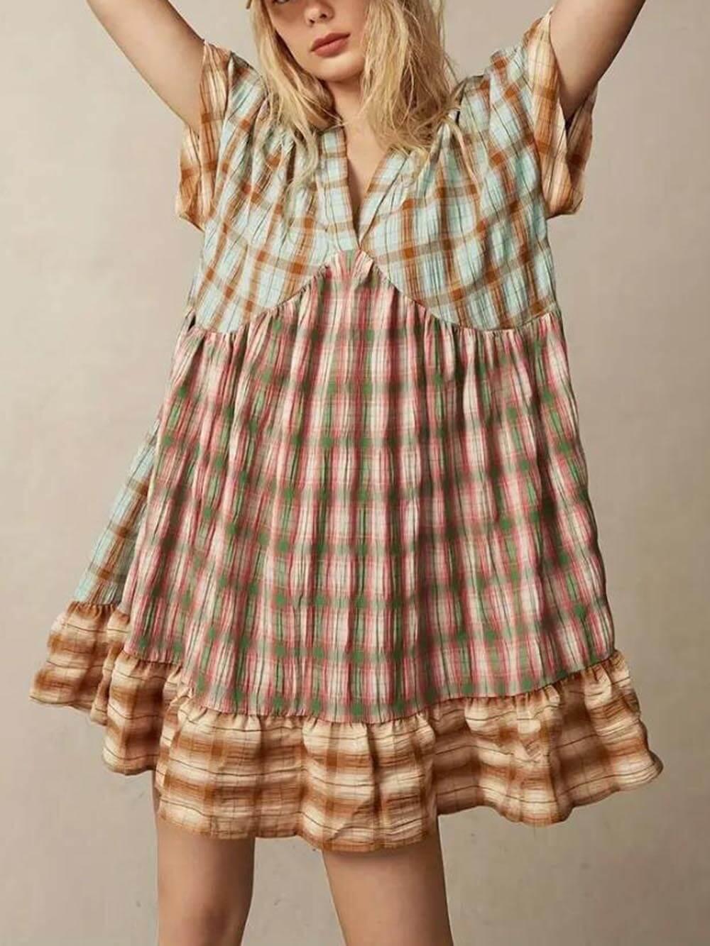 Aurohaya Unique Multicolored Plaid Patchwork Vacation Mini Dress