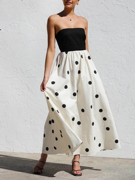 Aurohaya Elegant Wrap-Around Polka Dot Print Stitching A-Line Maxi Dress