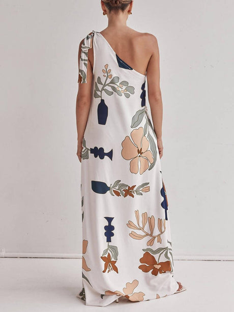 Aurohaya Unique Print One Shoulder Tie-up Pocketed Loose Maxi Dress