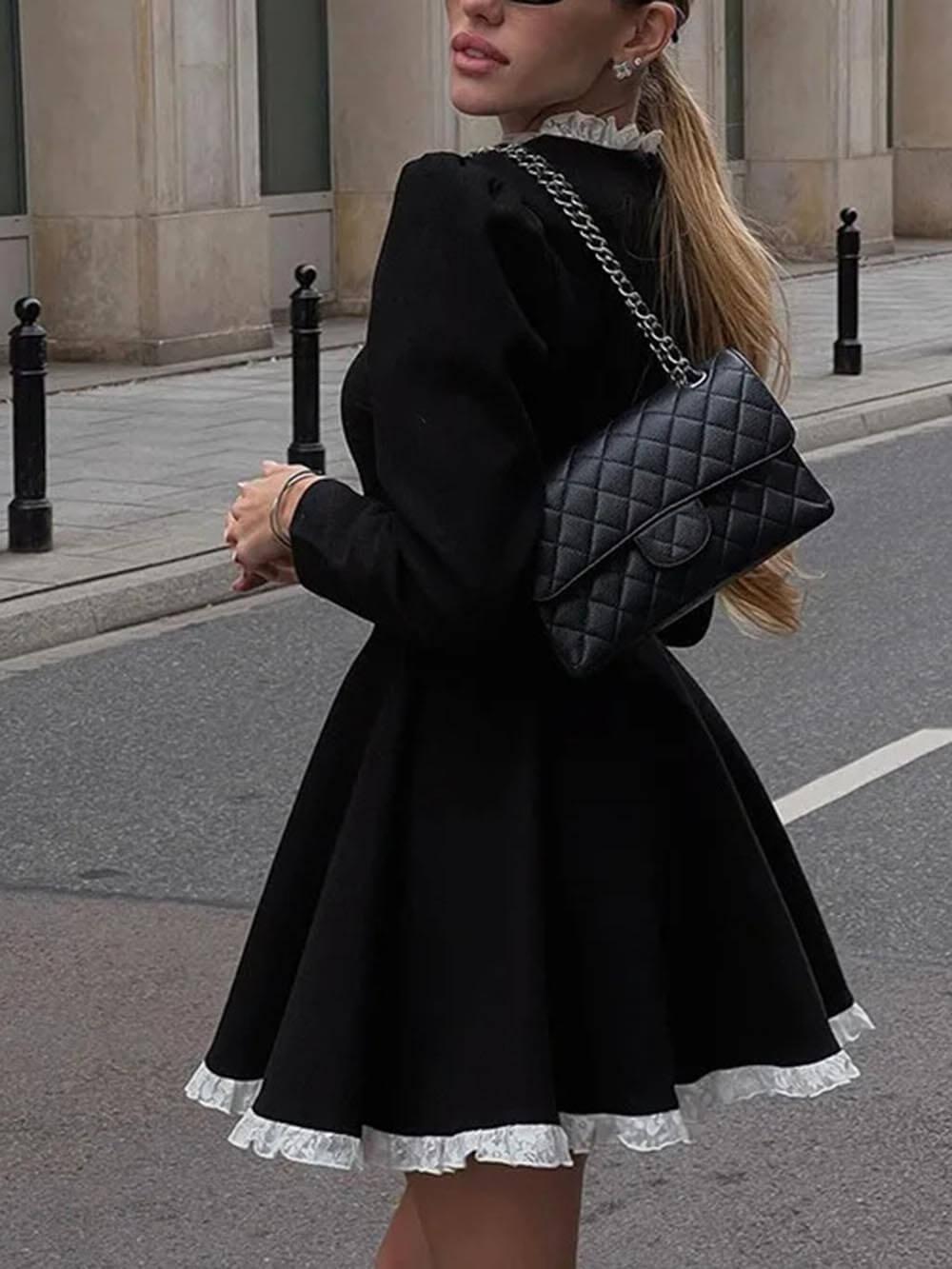 Aurohaya Elegant Lace Panel High Waist Long Sleeve Mini Dress