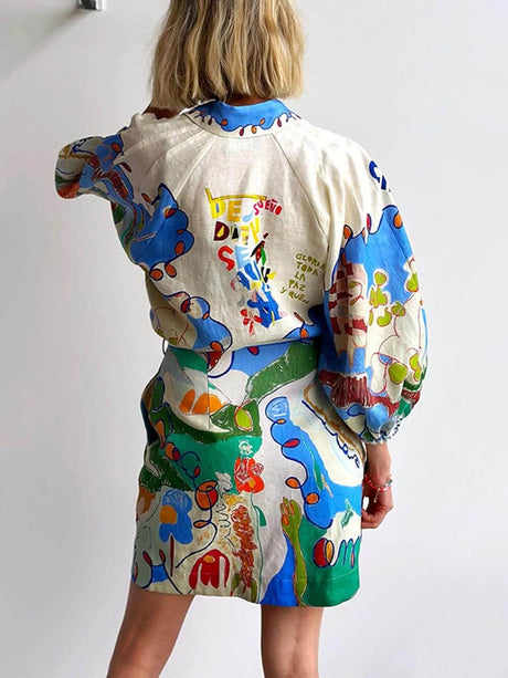 Aurohaya Unique Linen Print Cardigan Lace-Up Mini Dress